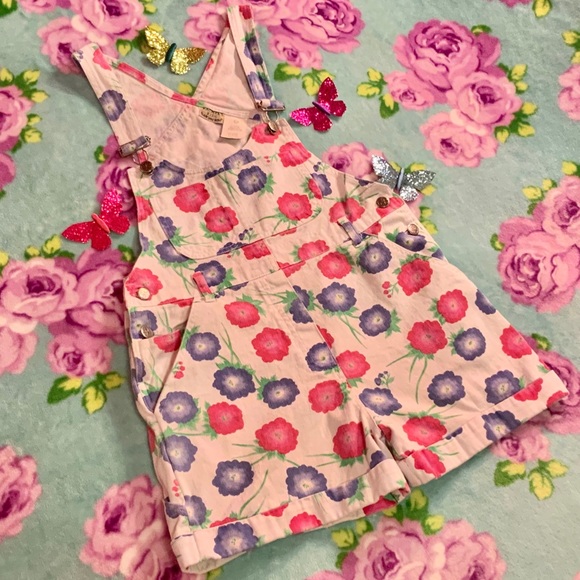 Vtg 90’s White Denim Overalls Pink Purple Flowers - Picture 8 of 9